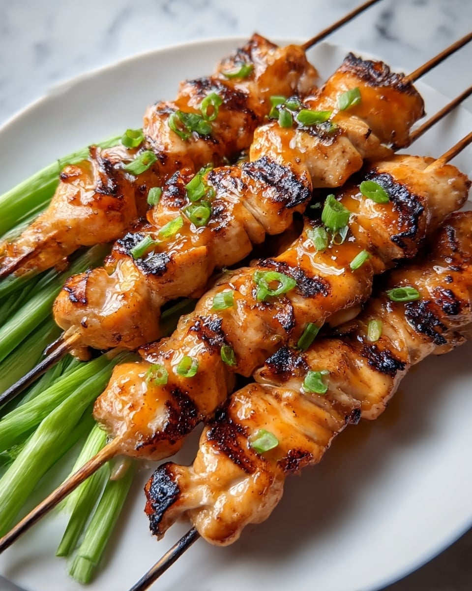 The image shows five skewers of grilled chicken arranged closely on a white plate with a white marbled texture background. Each skewer holds multiple pieces of golden-brown chicken with dark grill marks and slightly charred edges. The chicken is glazed with a shiny sauce, making it look juicy, and sprinkled with small bits of green onion on top for a fresh touch. Behind the chicken skewers, there are fresh, green scallion stalks placed neatly, adding a bright contrast to the warm colors of the grilled chicken. photo taken with an iphone --ar 4:5 --v 7
