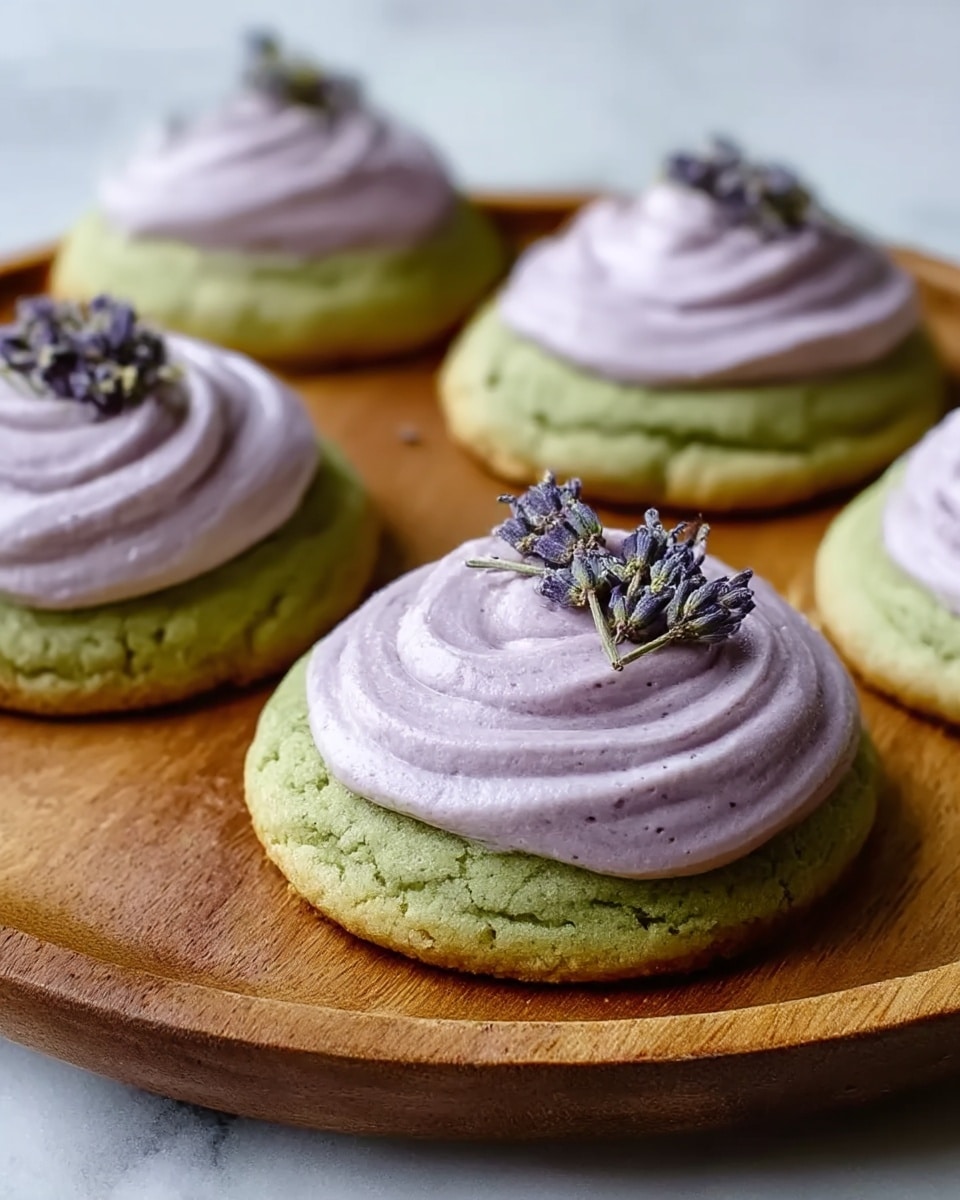 The image shows a wooden round board holding five soft green cookies, each topped with a thick swirl of light purple frosting that looks creamy and smooth. On top of the frosting, there are small clusters of delicate lavender flowers, adding a touch of natural decoration to each cookie. The green cookie base looks slightly cracked and soft, contrasting with the airy texture of the purple frosting above it. The background consists of a white marbled surface with a clean, bright appearance. The photo taken with an iphone --ar 4:5 --v 7