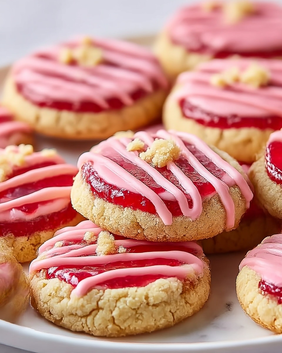 A group of cookies is shown on a white plate sitting on a white marbled surface. Each cookie has three layers: a base layer of crumbly light beige cookie dough with a rough texture, a middle layer of smooth, glossy, bright red jelly filling, and a top layer made of pink icing drizzled in thick zigzag lines. Small crumbles of beige cookie dough are sprinkled on top of the jelly layer under the pink icing. The cookies are closely arranged with a soft focus on the background ones. Photo taken with an iphone --ar 4:5 --v 7