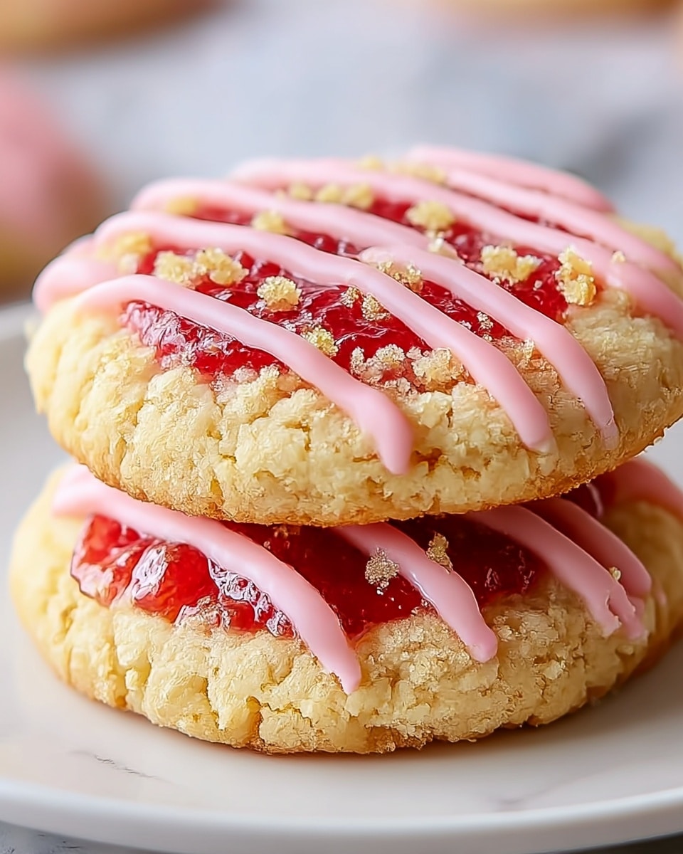 Two round cookies stacked on a white plate, each cookie with a crumbly light golden base. On top of the base is a layer of red jam with a shiny texture, partly covered by small golden crumbs. The top layer is pink icing, drizzled in smooth, even lines across the cookies. The background has a white marbled texture, and the focus is on the front cookies, showing clear detail and softness in the crumbs and icing. photo taken with an iphone --ar 4:5 --v 7