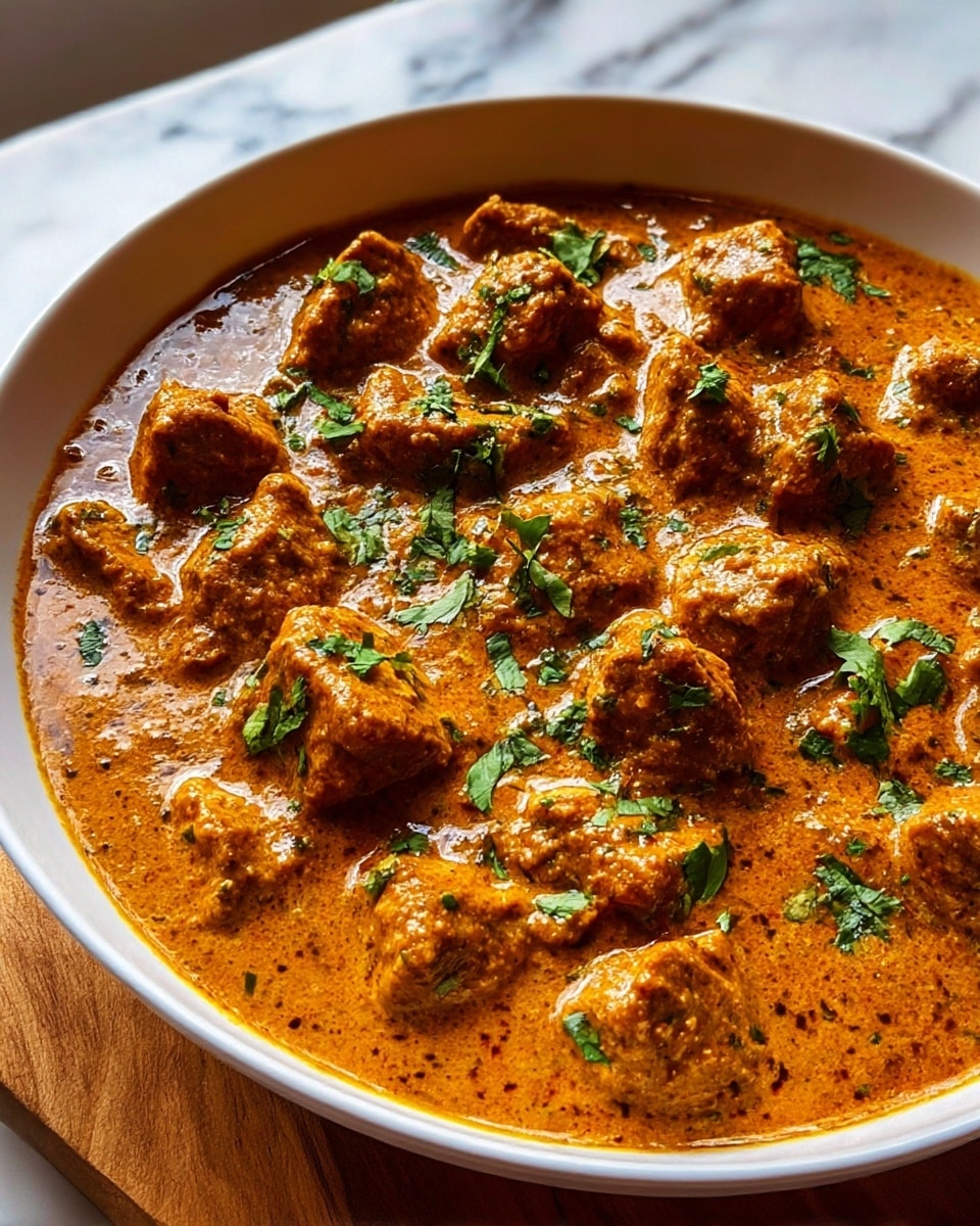 A white shallow bowl filled with rich, thick orange curry sauce containing many chunks of deep orange-brown cooked meat spread evenly throughout. The surface of the dish is sprinkled with small, fresh green leaves of cilantro, adding a touch of bright green contrast. The curry sauce has a creamy texture with small specks of spices visible in it, giving a smooth yet slightly coarse look. The meal sits on a flat wooden board with a white marbled texture in the background. Photo taken with an iphone --ar 4:5 --v 7