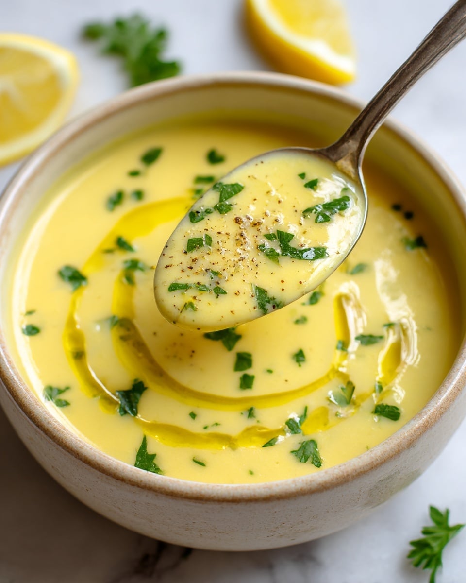 A small beige bowl filled with creamy yellow soup, with a smooth texture and small green herb pieces scattered on top. In the center, a silver spoon lifts a thick scoop of the soup, showing more herbs and a sprinkle of black pepper. A swirl of olive oil adds a shiny golden layer on the soup surface. Around the bowl, there are yellow lemon wedges and green parsley. The bowl sits on a white marbled surface. photo taken with an iphone --ar 4:5 --v 7