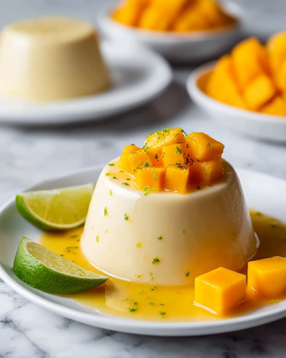 A smooth, pale yellow panna cotta sits in the center of a white plate, topped with bright orange mango cubes and small green lime zest sprinkles. Around the base of the panna cotta is a pool of glossy, rich mango sauce that slightly spills onto the plate. Next to the dessert, there is a wedge of fresh lime and two mango cubes. In the background, there are blurred images of another panna cotta on a white plate and a white bowl filled with mango cubes, all placed on a white marbled surface. photo taken with an iphone --ar 4:5 --v 7