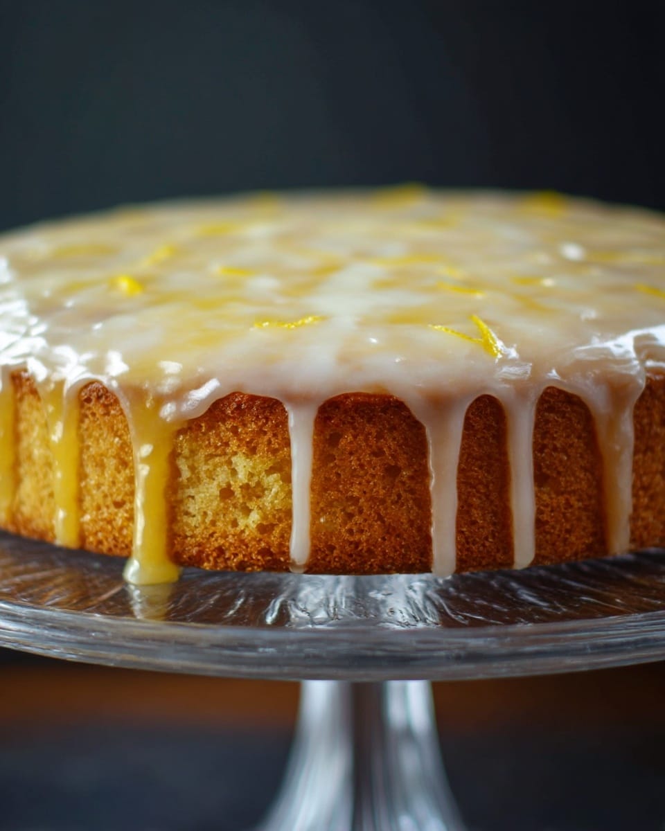 A single-layer round cake with a golden-brown crumb sits on a clear glass pedestal cake stand. The top of the cake is covered with a shiny, slightly translucent white glaze that drips slowly down the sides, blending with a layer of yellow lemon curd beneath it. The lemon curd has a smooth texture with small streaks of zest visible on the surface, adding a bright contrast to the glaze. The background is a soft, dark blur that contrasts with the cake's warm colors, highlighting the glossy finish and rich texture of the topping. photo taken with an iphone --ar 4:5 --v 7