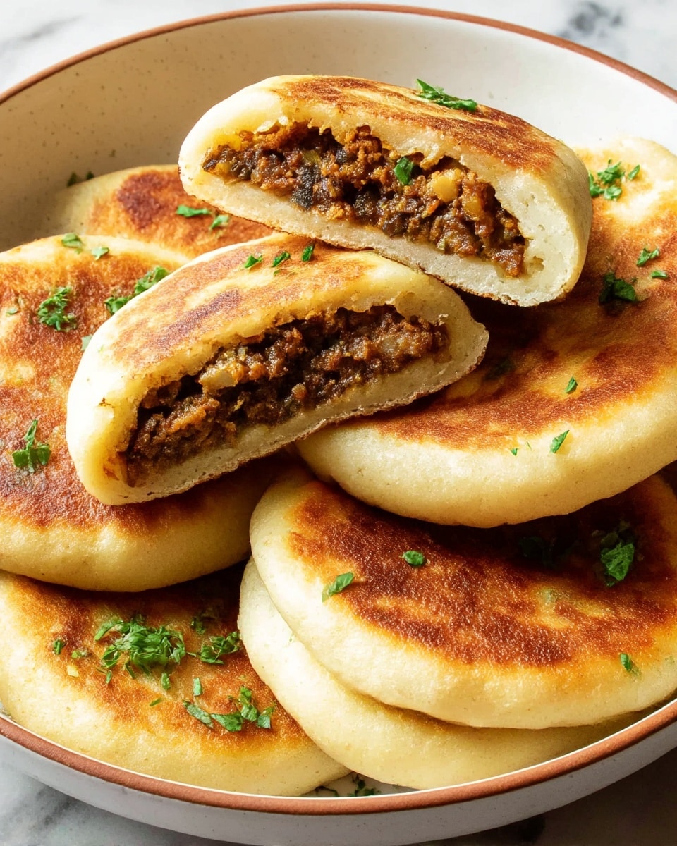 A close-up of six golden brown stuffed flatbreads in a white bowl, each flatbread round and thick with a crispy texture on top. One flatbread is cut in half and placed on top, revealing a rich, dark brown filling made of finely chopped ingredients with a slightly crumbly texture. The flatbreads are garnished with small bits of fresh green herbs scattered across the tops and around them in the bowl. The bowl sits on a white marbled surface. photo taken with an iphone --ar 4:5 --v 7