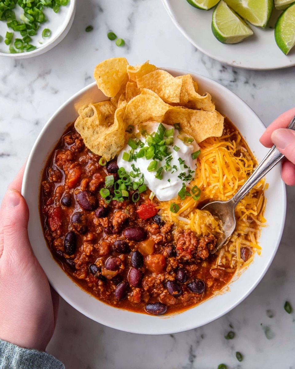 A close-up of a silver cooking pan filled with thick chili made of dark black beans, dark red kidney beans, and orange-red tomato-based sauce mixed with small pieces of red bell peppers and grains, giving a chunky and hearty texture. A silver ladle is scooping up a generous portion of the chili, showing the mixture's dense and rich consistency. The background is a white marbled texture. photo taken with an iphone --ar 4:5 --v 7