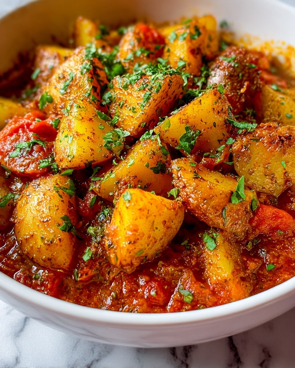 This image shows a close-up of a cooked dish in a white bowl, placed on a white marbled surface. The dish has about two main layers: the bottom layer is a thick, rich red sauce with visible chunks of cooked tomatoes and spices giving a textured, slightly oily look. The top layer consists of golden yellow potato chunks, cooked with browned edges and sprinkled generously with chopped green herbs, likely parsley or cilantro. The dish looks warm and hearty with a mix of smooth sauce and chunky vegetables, showing a rustic, home-cooked feel. photo taken with an iphone --ar 4:5 --v 7