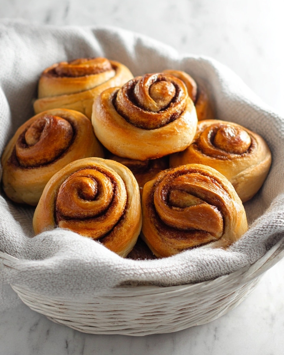 A basket lined with a light gray knitted cloth holds seven golden-brown cinnamon rolls. Each roll shows multiple layers of soft dough swirled with dark brown cinnamon sugar that glistens slightly. The top of each roll is smooth and shiny with a slight crispness, showing a rich caramelized color. The basket sits on a white marbled surface with a soft natural light highlighting the texture of the rolls and the basket. photo taken with an iphone --ar 4:5 --v 7