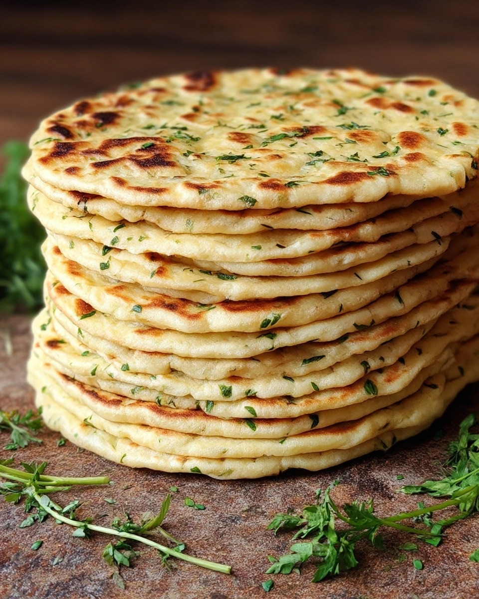A tall stack of ten flatbreads is shown, each layer round and light golden brown with darker toasted spots. Small green herb pieces are sprinkled evenly across every flatbread, adding texture and color contrast. The stack is placed on a rustic flat surface with some fresh green herbs nearby. The flatbreads look soft and slightly puffy between layers. Photo taken with an iphone --ar 4:5 --v 7
