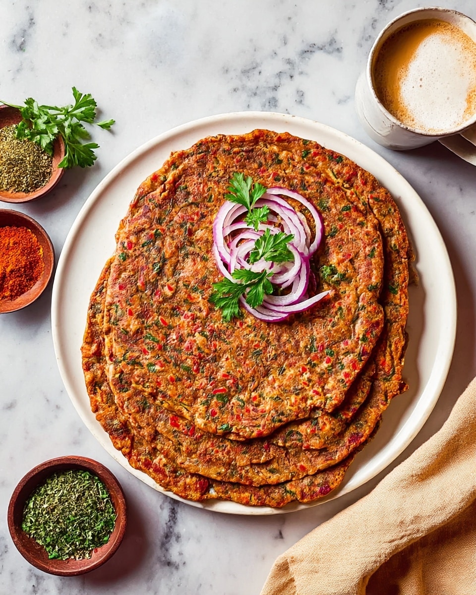 Three thin, round flatbreads are stacked slightly overlapping on a large white plate placed on a white marbled surface. The flatbreads have a rich brown color with visible red and green specks of finely chopped herbs and spices across each one. The top flatbread has a topping of thinly sliced red onion rings and fresh parsley leaves positioned in the center, adding pops of purple and vibrant green. Around the plate, there are small brown bowls with dried green herbs and bright red chili powder, and a white cup filled with frothy liquid near the top right. A beige cloth is casually placed at the bottom right corner. photo taken with an iphone --ar 4:5 --v 7