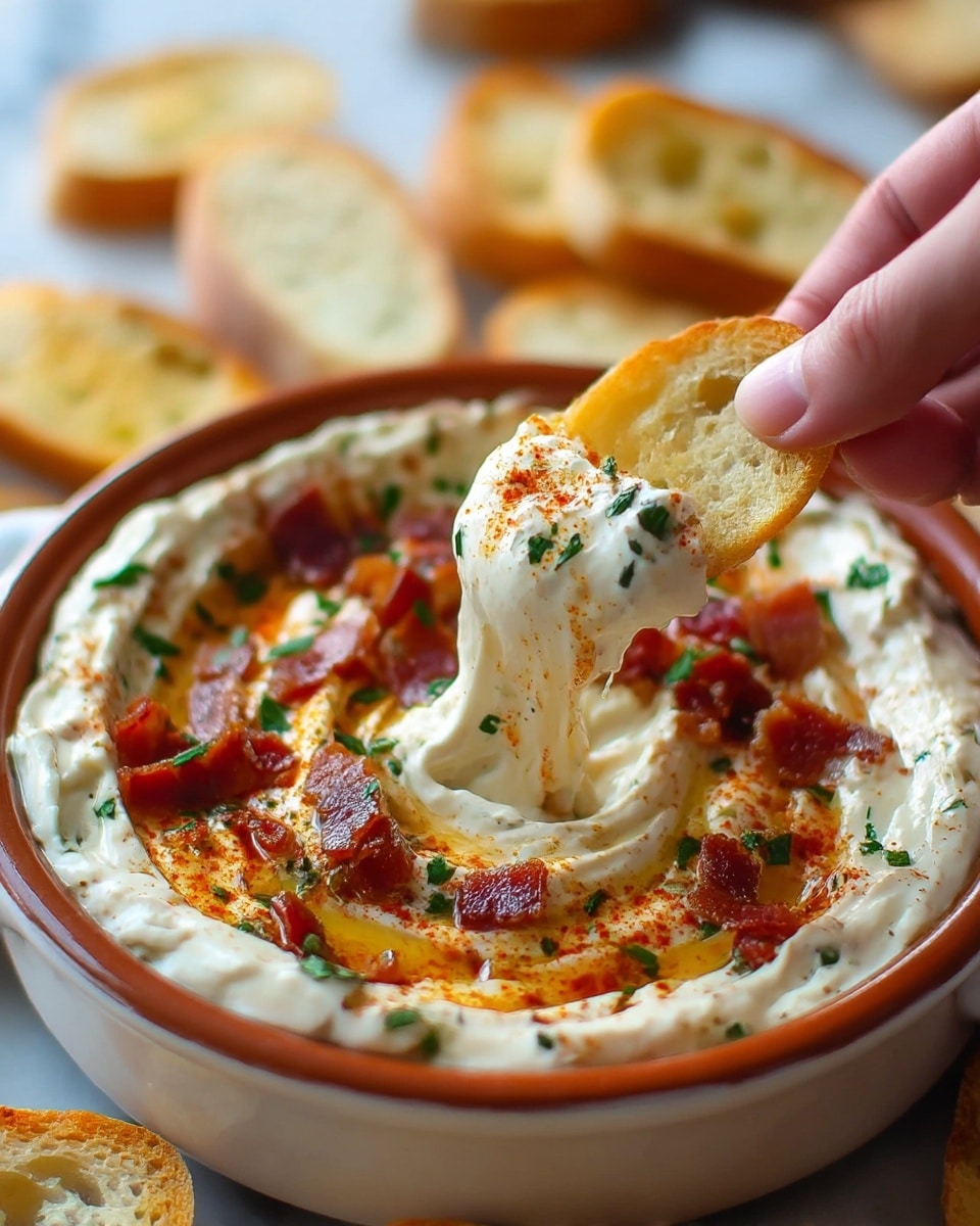 A thick creamy white dip is spread smoothly inside a round white ceramic bowl with a small swirl in the center. The dip is topped with small pieces of crispy reddish-brown bacon and sprinkled with chopped green herbs and bright orange-red paprika powder. A woman's hand is lifting a scoop of the dip, showing its thick and rich texture mixed with bacon bits and herbs. Surrounding the bowl are slices of light golden toasted bread with a soft inside, all placed on a white marbled surface. photo taken with an iphone --ar 4:5 --v 7