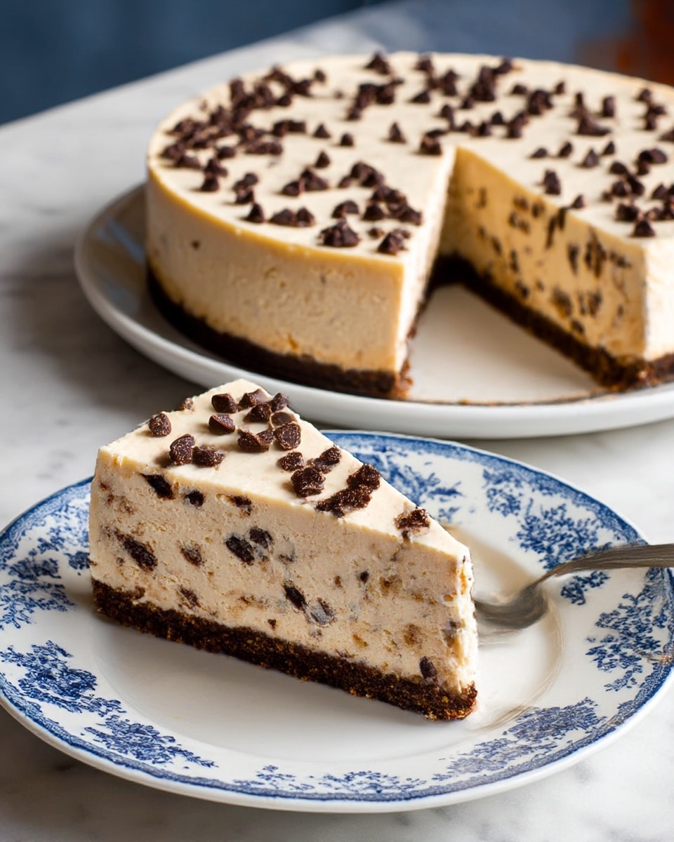 A slice of creamy cheesecake with a smooth off-white top layer sprinkled with small dark brown chocolate chips, sitting on a white plate with blue floral patterns. The cheesecake has three visible layers: a thin, dark brown crumbly base at the bottom, a thick, dense and light beige middle layer with tiny chocolate bits inside, and a lighter top layer spattered with chocolate chips. The whole cheesecake, with one slice removed, sits on a white plate on a white marbled texture surface. Photo taken with an iphone --ar 4:5 --v 7