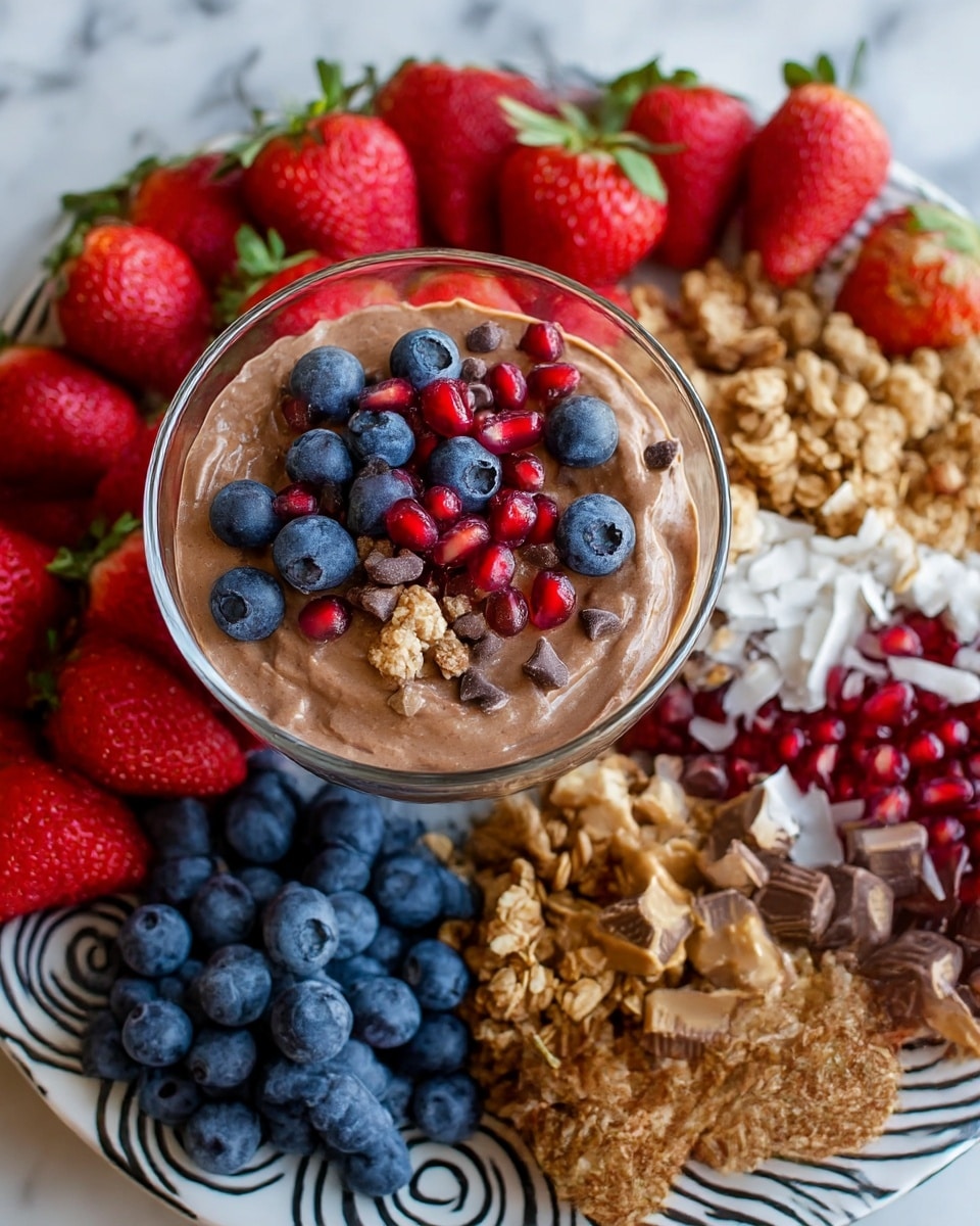 A clear glass bowl at the center is filled with creamy chocolate mousse, topped with a mix of fresh blueberries, shiny red pomegranate seeds, small chocolate chips, and crunchy granola pieces, all arranged in small clusters. Surrounding the bowl on a large white plate with black spiral patterns are neatly grouped layers of bright red strawberries with green leaves, light brown granola clusters, plump blueberries, scattered red pomegranate seeds, chopped peanut butter cups, shredded white coconut, and dark chocolate chips, each layer showing vibrant colors and textures against a white marbled surface in the background. photo taken with an iphone --ar 4:5 --v 7