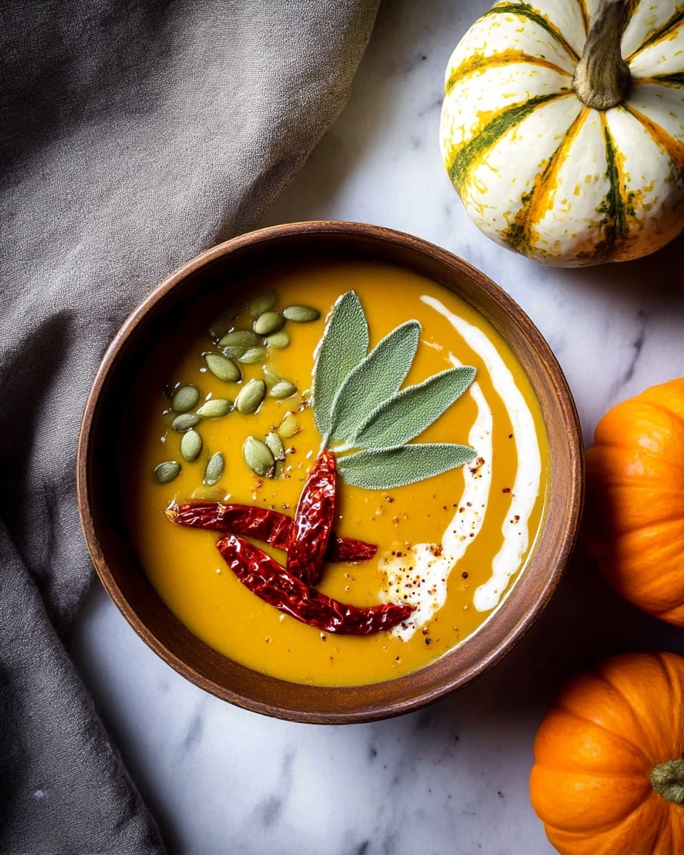 A bowl of smooth, orange pumpkin soup is shown from above, served in a round, brown bowl sitting on a white marbled surface with a folded gray cloth nearby. The soup has three layers of toppings: a cluster of green pumpkin seeds on the top left, two fresh green sage leaves placed next to the seeds, and three dried red chili peppers below them. White cream is swirled on the right side of the soup with light sprinkles of black pepper on the surface of the soup. In the background, there are three small pumpkins, one white with yellow stripes and two bright orange pumpkins, resting on the white marbled surface. Photo taken with an iphone --ar 4:5 --v 7