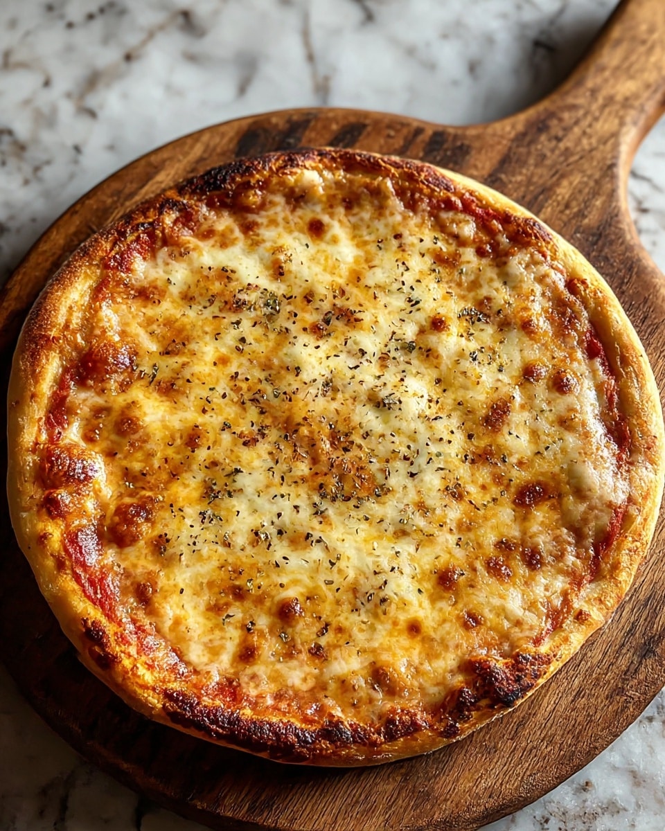 A round pizza on a wooden paddle with a thick, golden-brown crust showing some charred spots. The pizza has a base of red tomato sauce barely visible under a smooth, even layer of melted cheese that is golden and bubbly with small browned spots. The cheese is sprinkled lightly with black pepper. The background is a white marbled texture. photo taken with an iphone --ar 4:5 --v 7