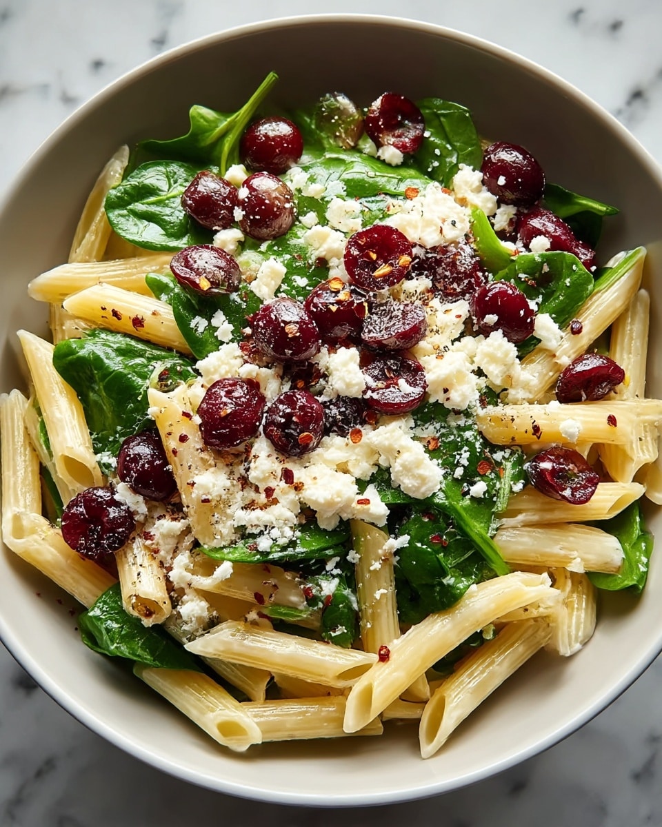 A white bowl filled with a three-layered dish: the bottom layer is cooked penne pasta colored pale yellow with a soft texture; the middle layer consists of fresh, dark green spinach leaves scattered evenly; the top layer features small, round, dark red cherries and crumbled white cheese sprinkled all over, with a light dusting of black pepper and red chili flakes adding specks of dark and red tones. The bowl is set on a white marbled surface. photo taken with an iphone --ar 4:5 --v 7