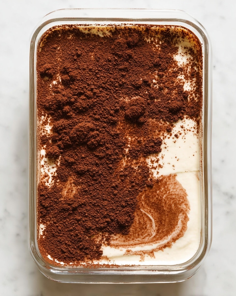 A clear glass rectangular dish holds a dessert with two visible layers: the bottom layer is creamy white with a smooth texture, peeking through on the sides and one corner, where it is swirled. The top layer is a thick, dark brown cocoa powder evenly spread across the surface, with some areas showing a slightly rougher texture from the powder clumps. The dish is on a white marbled surface. photo taken with an iphone --ar 4:5 --v 7