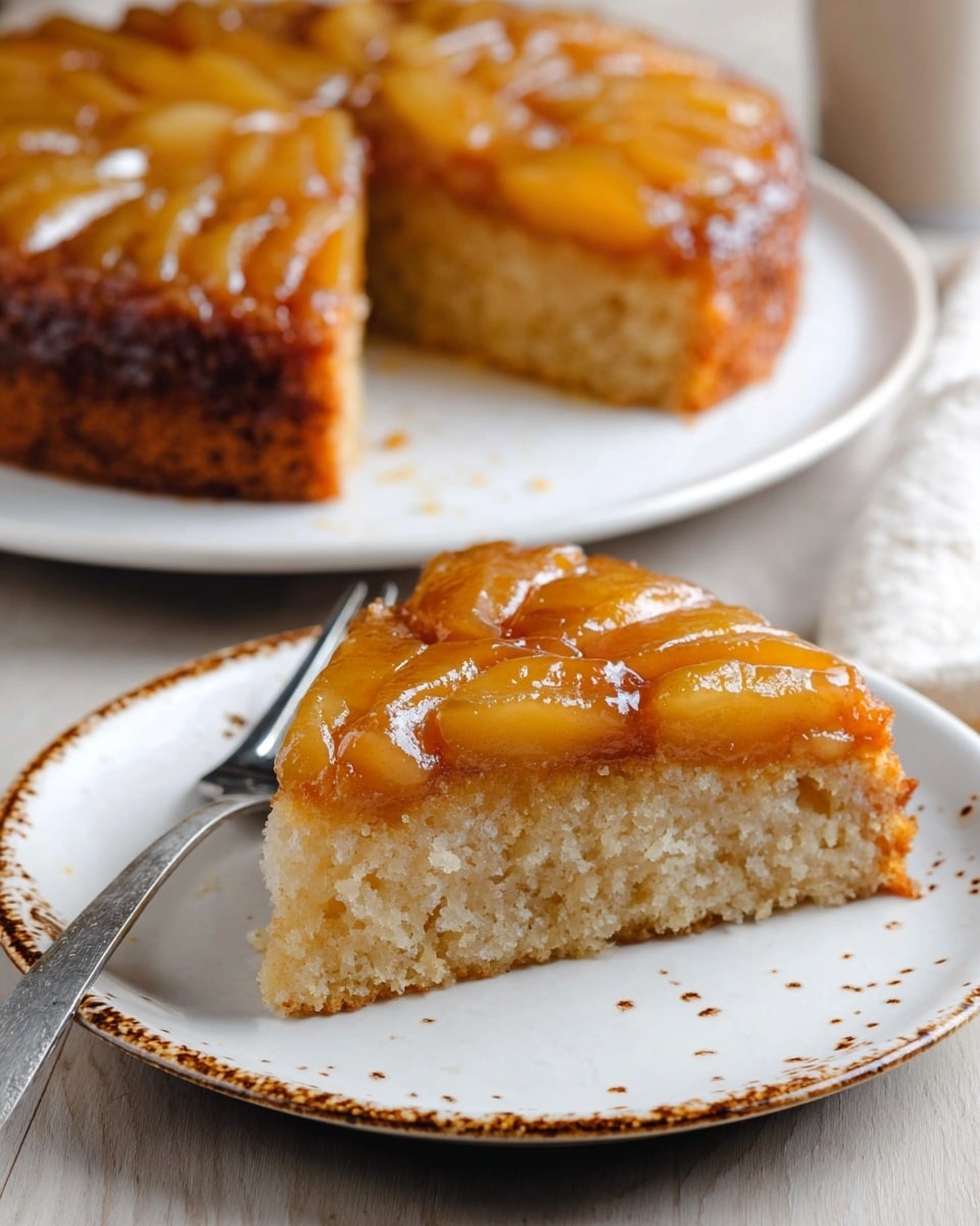 The image shows a slice of upside-down caramelized apple cake resting on a white plate with a rustic brown-speckled edge. The cake has two visible layers: a soft, light beige spongy base with a slightly crumbly texture, and a thick, glossy caramelized apple topping in a golden amber color arranged in neat rows. In the background, the rest of the whole cake with the same two-layer look is placed on a white plate on a white marbled surface. A silver fork lies next to the cake slice on the plate. photo taken with an iphone --ar 4:5 --v 7