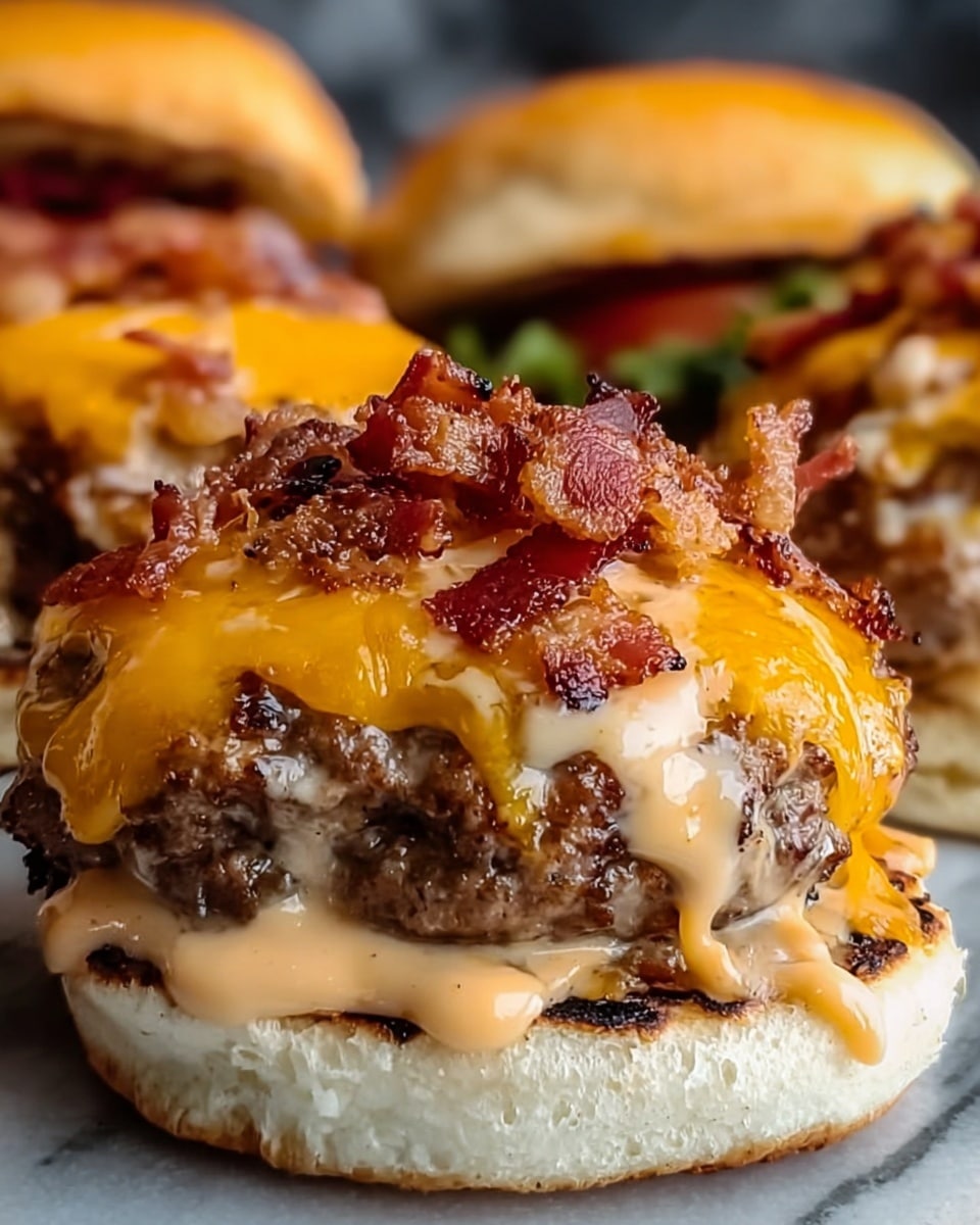 A close-up of a large cheeseburger stacked in five layers, resting on a white marbled surface. The bottom layer is a white grilled bun with visible char marks, topped with a slice of melted orange cheddar cheese. Above it lies a thick, juicy burger patty with a seared, slightly crispy texture, coated in creamy, light brown sauce melting down the sides. Covering the sauce is a layer of bright orange melted cheddar cheese. Finally, the top layer has small, crispy bacon pieces scattered all over the cheese. In the background, slightly out of focus, are more similar burgers stacked the same way. Photo taken with an iphone --ar 4:5 --v 7