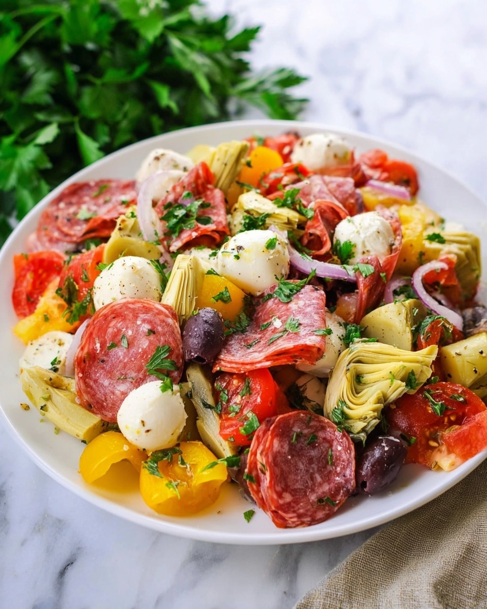 The image shows a close-up of a white bowl with an orange rim filled with a colorful Italian salad. The salad has several layers: whole red cherry tomatoes, round white mozzarella balls, and slices of pink salami and red pepperoni scattered throughout. There are also yellow pepper slices, black olives cut in half, and pieces of artichoke. The salad is sprinkled with chopped green parsley and lightly coated with an oil-based dressing, giving the ingredients a glossy finish. The bowl sits on a white marbled surface with a bunch of fresh green parsley in the background. photo taken with an iphone --ar 4:5 --v 7