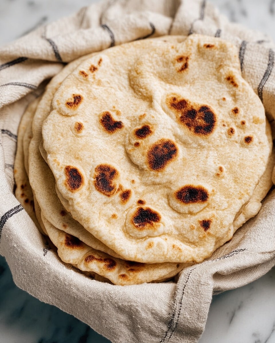 A stack of soft, round flatbreads with uneven golden brown spots sits in a white bowl lined with a beige cloth featuring thin black stripes. The flatbreads have a light tan color with some puffed areas showing darker, slightly charred marks that add texture and depth. The bowl is placed on a white marbled surface, providing a clean and simple backdrop to highlight the warm tones of the flatbreads. photo taken with an iphone --ar 4:5 --v 7