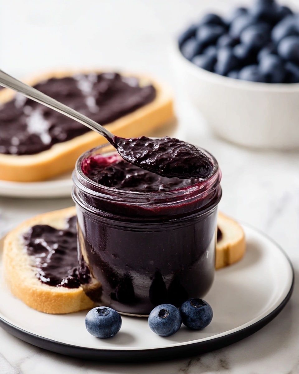 A clear glass jar filled with thick, dark purple blueberry jam has a metal spoon standing in it, dipping into the jam with a smooth, glossy texture. The jar is placed on a white plate with a thin black edge, which also holds three fresh, round blueberries near the jar’s base. Behind the jar, two slices of white bread are spread evenly with the dark jam, showing a shiny, textured layer on top. In the back right, there is a white bowl full of fresh blueberries, slightly out of focus, all set on a white marbled surface. photo taken with an iphone --ar 4:5 --v 7