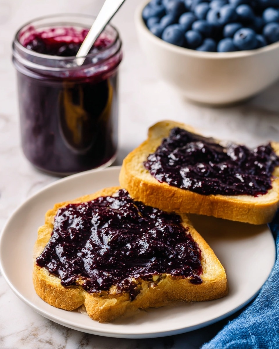 The image shows two slices of light golden toasted bread each spread thickly with a dark purple, glossy, textured blueberry jam. Behind the bread is a clear glass jar filled with the same jam, with a silver spoon dipped inside and resting against the rim. In the background, there is a shallow white bowl filled with fresh, plump blueberries. Everything is placed on a white plate sitting on a white marbled texture surface. A corner of a blue cloth is visible at the bottom right corner. photo taken with an iphone --ar 4:5 --v 7