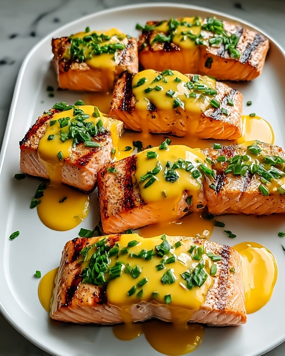 A white plate holds eight grilled salmon pieces arranged in two neat rows. Each salmon piece shows a light pink color with visible grilling marks on the top edges that are a darker brown and slightly charred. A smooth, shiny yellow sauce with hints of orange is thickly drizzled over each salmon piece, dripping slightly down the sides and pooling a bit on the plate. Fresh green chopped herbs are sprinkled generously on top of the sauce and salmon, adding a bright contrast. The background is a white marbled texture. Photo taken with an iphone --ar 4:5 --v 7