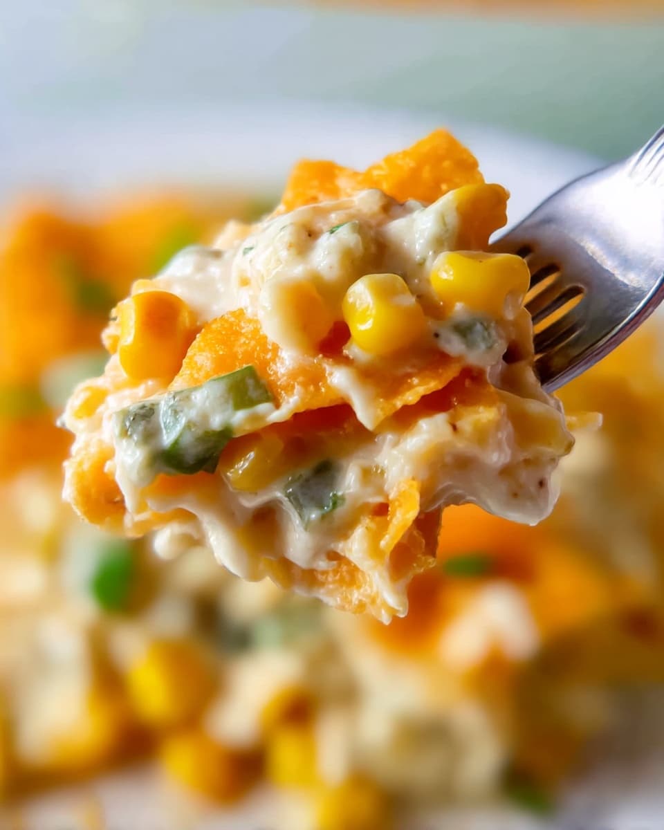 A close-up of a silver fork holding a creamy, orange and white layered casserole piece with visible corn kernels and green bits, showing a thick white sauce mixed with soft orange chunks, placed over a white marbled surface with more of the same cheesy casserole in the blurred background; the textures are smooth and creamy with some small rough vegetable pieces. photo taken with an iphone --ar 4:5 --v 7