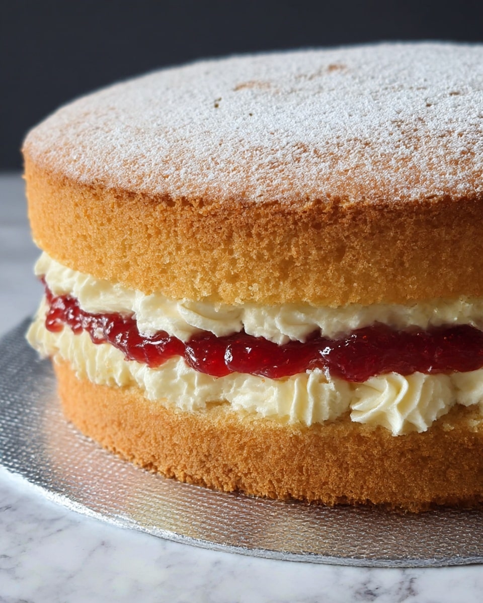 The image shows a close-up of a two-layer sponge cake with a light golden brown color. The top layer has a dusting of white powdered sugar, giving it a soft, fine texture. Between the layers, there is a bright red jam spread evenly with a shiny, sticky look, and piped white cream swirls peeking out in a scalloped pattern. The cake sits on a silver textured board against a white marbled surface. photo taken with an iphone --ar 4:5 --v 7