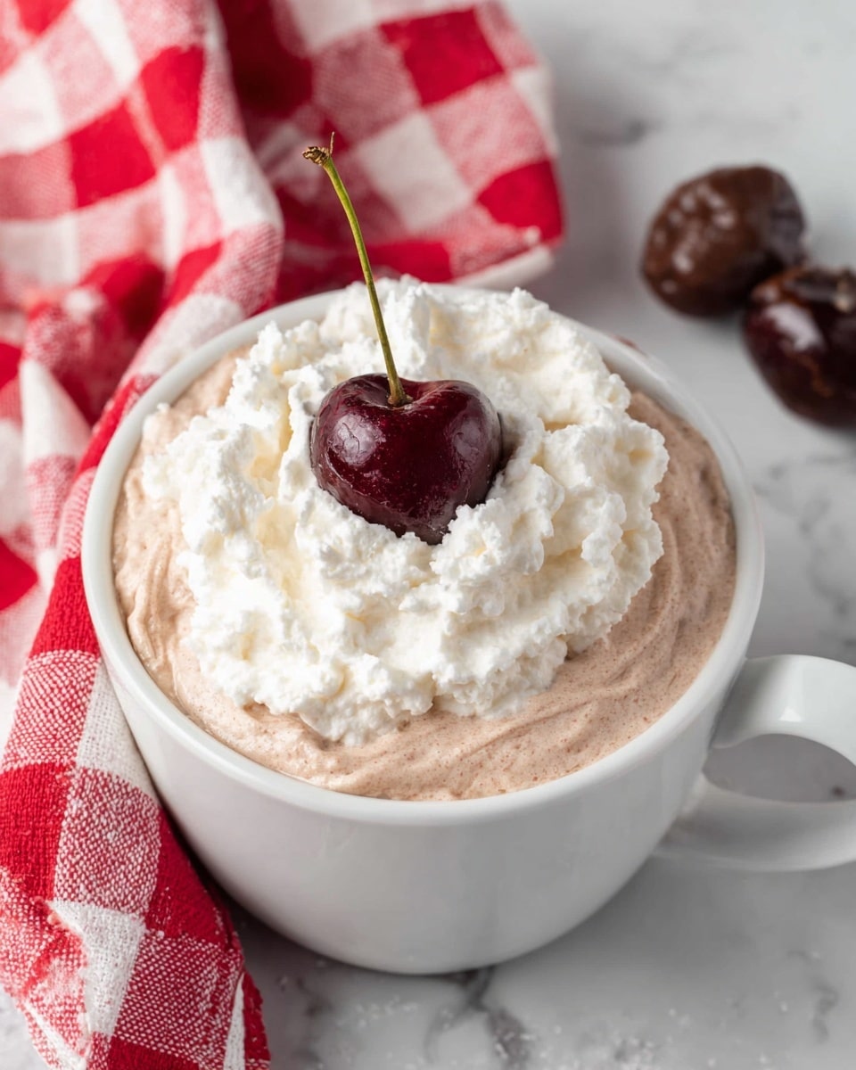 A close-up view of a white cup filled with a creamy light brown mousse-like dessert as the base layer, topped with a generous swirl of white whipped cream. On top of the whipped cream sits a dark red cherry with a stem, adding color contrast. The cup is placed on a white marbled surface. In the background, a red and white checkered cloth and a single cherry with a dark chocolate coating rest softly. Photo taken with an iphone --ar 4:5 --v 7