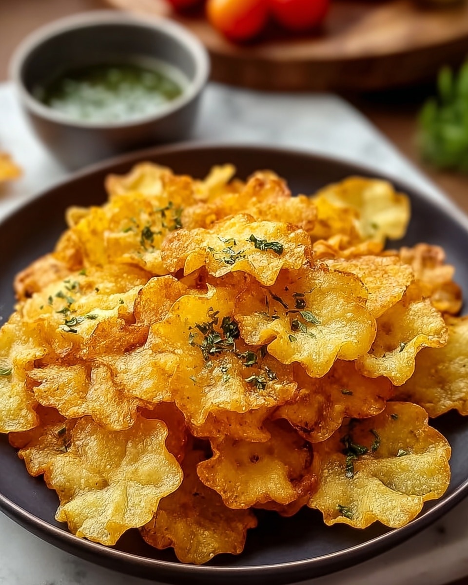 A dark round plate filled with about two layers of small, round, crispy chips with ruffled edges, golden yellow in color with some parts slightly browned from frying, scattered with small bits of green herb garnish. The plate sits on a white marbled surface, and in the blurry background are a small bowl of greenish sauce and out-of-focus items including some tomatoes. photo taken with an iphone --ar 4:5 --v 7