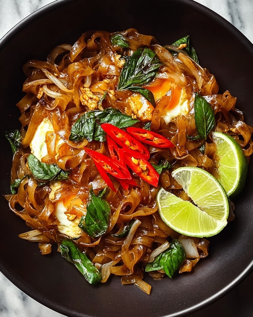 A bowl filled with stir-fried flat rice noodles in a glossy brown sauce forms the base layer, mixed with pieces of cooked egg scattered throughout. Bright green basil leaves and strips of translucent white onion are spread evenly across the noodles, adding fresh green and pale tones. A few slices of vivid red chili peppers are placed on top, creating a contrast with the dark sauce. Two lime wedges rest on the edge of the black bowl, showing their bright green color and juicy texture. The bowl sits on a white marbled surface. photo taken with an iphone --ar 4:5 --v 7