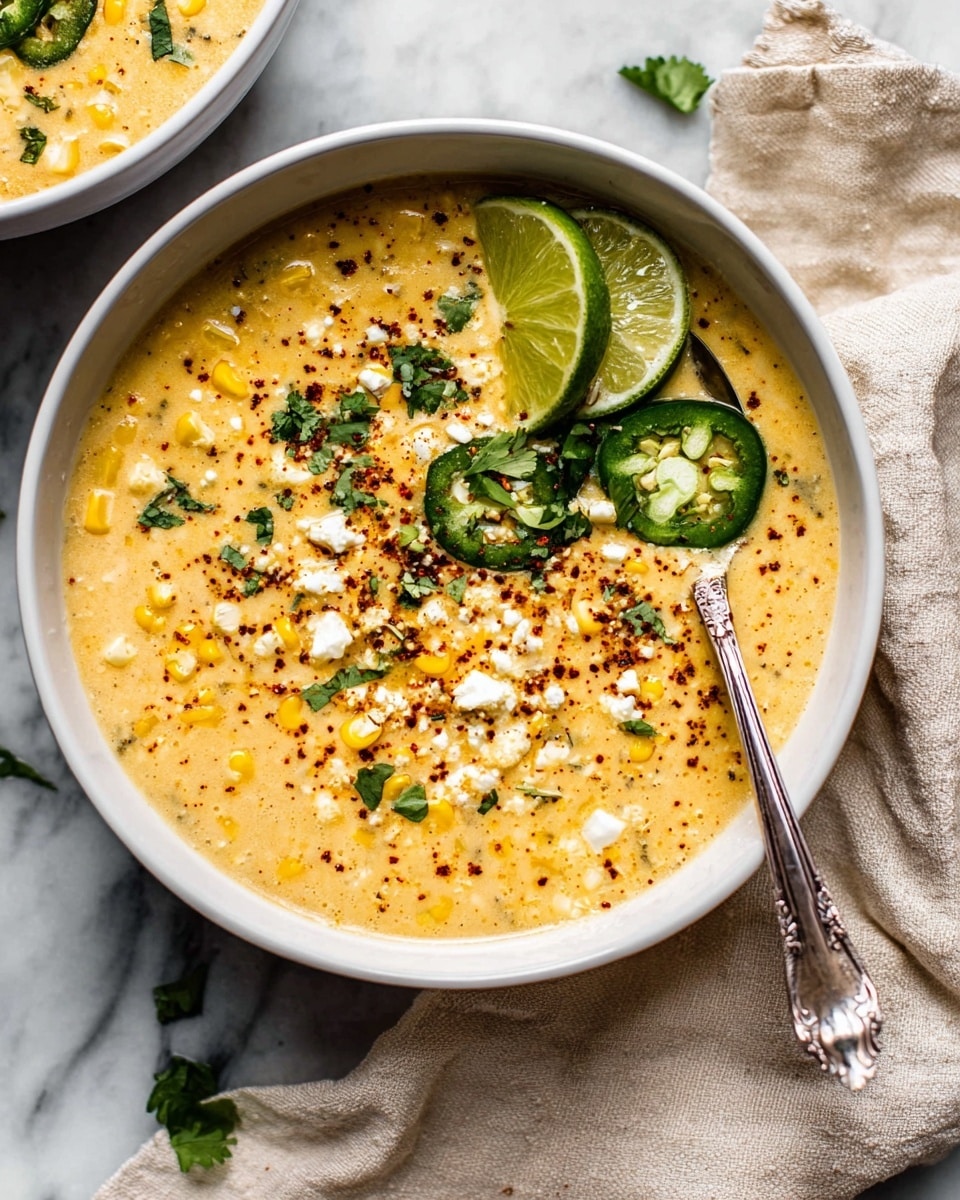 A large white bowl is filled with creamy yellow corn soup, textured with soft corn kernels and small crumbled white cheese pieces scattered throughout. The soup’s surface is decorated with a sprinkling of dark red spices, bright green cilantro leaves, and thin slices of green jalapeño peppers. Two thin lime slices rest on the edge of the soup near the spoon, which has a decorative handle and sits on the right side of the bowl. The bowl is placed on a white marbled surface with a light beige cloth folded loosely behind it. photo taken with an iphone --ar 4:5 --v 7