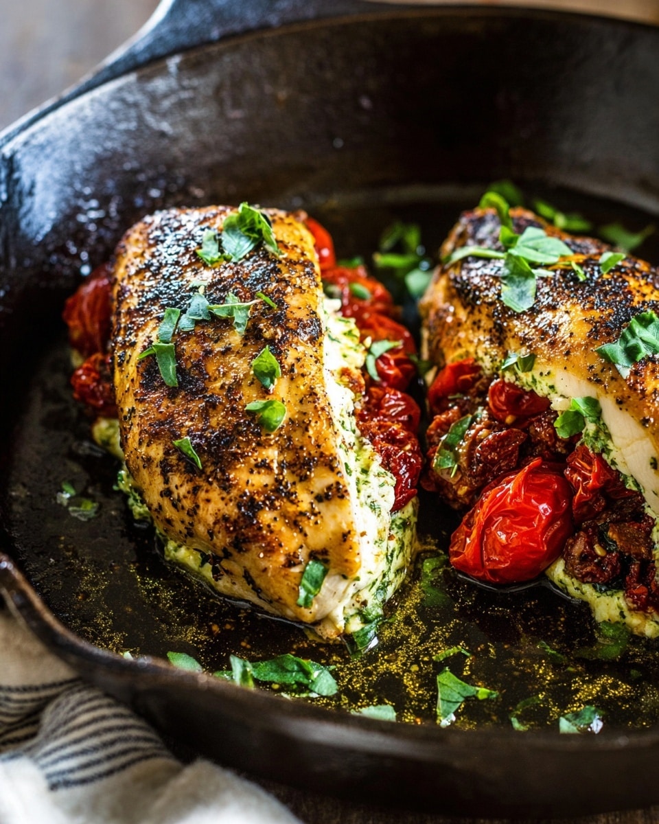 The image shows two cooked chicken breasts in a cast iron pan with dark surface. One chicken breast is whole, golden brown with black pepper specks and chopped green herbs on top. The other chicken breast is sliced open to reveal three colorful layers inside: a bottom creamy white cheese layer with some green herbs, a middle dark brown and red layer of cooked tomatoes and ground meat, and a top layer of bright red cooked cherry tomatoes and fresh green herbs scattered on and around the chicken. The pan has oil and herb bits pooled inside, and part of a striped cloth is visible near the pan's edge. photo taken with an iphone --ar 4:5 --v 7