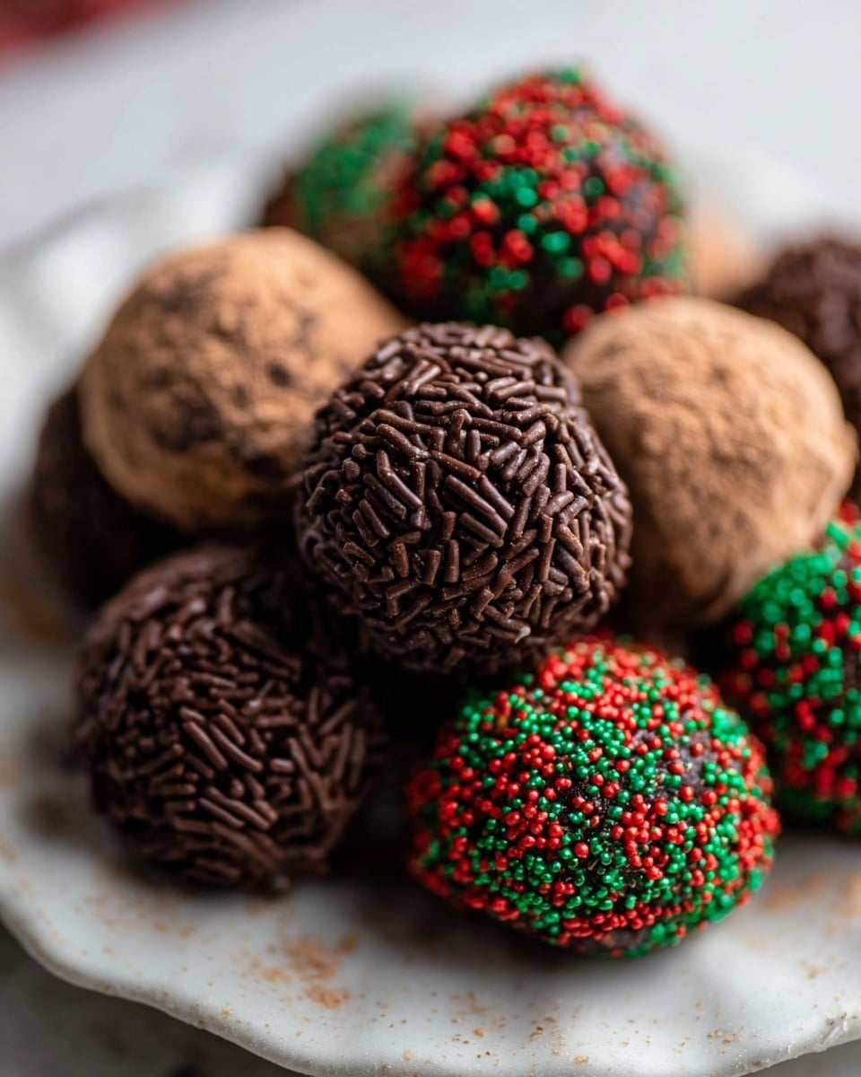 The image shows a close-up of several round chocolate truffles on a white plate resting on a white marbled surface. The truffles have different coatings: some are covered with dark brown chocolate sprinkles, some are decorated with a mix of red and green small round sprinkles along with dark brown chocolate sprinkles, and one truffle in the back has a light brown powdery coating. The truffles are piled close together, creating a textured and colorful cluster. photo taken with an iphone --ar 4:5 --v 7