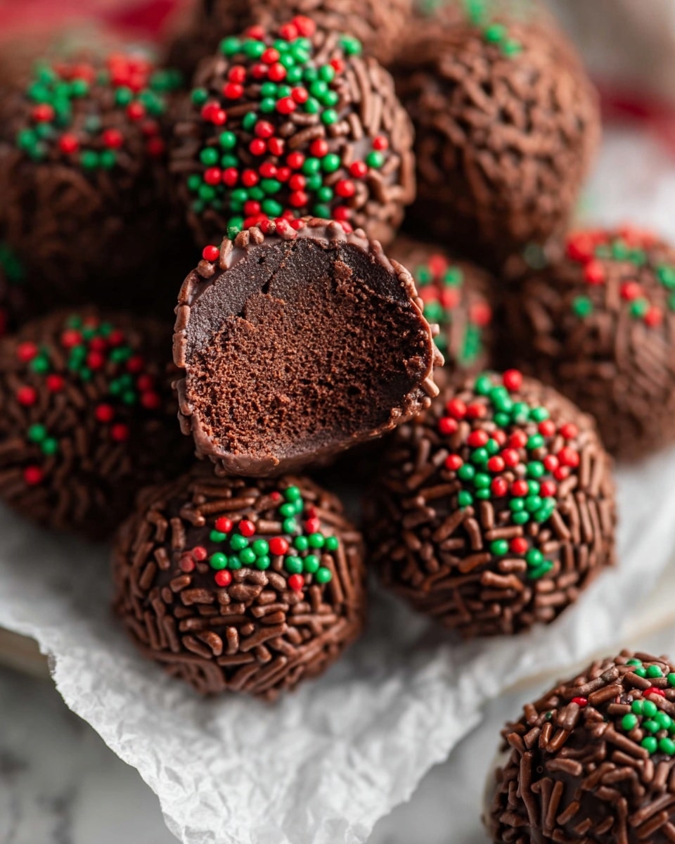 The image shows a pile of round chocolate truffles sitting on white paper, which is placed on a white marbled surface. Each truffle is coated with dark brown chocolate sprinkles, and a few are decorated with small red and green round sprinkles, giving a festive look. One truffle is at the top center, partly bitten to reveal a dense, smooth chocolate inside with a creamy texture. The layers include a smooth chocolate center, a thick dark chocolate coating, and a rough outer layer of assorted sprinkles. Photo taken with an iphone --ar 4:5 --v 7