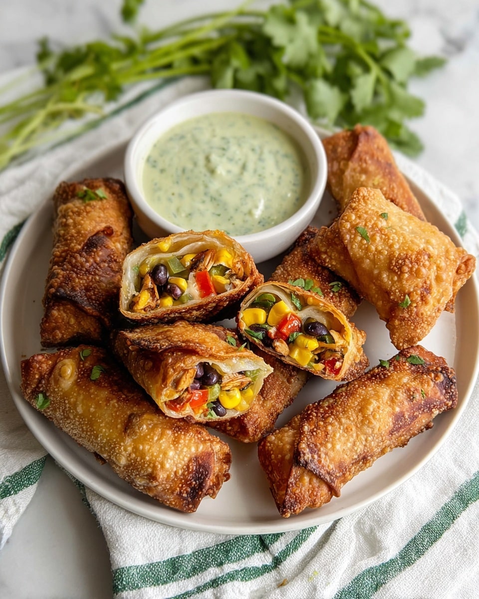 The image shows a white plate filled with crispy golden brown egg rolls, some whole and some cut in half to reveal their colorful inside layers. The layers inside the cut egg rolls include bright yellow corn, black beans, red bell peppers, chopped green herbs, and shredded light brown chicken, creating a vibrant mix of colors and textures. Next to the egg rolls on the plate is a small white bowl containing a creamy light green dipping sauce with specks of herbs. The plate sits on a white cloth with green stripes, and a sprig of fresh cilantro rests nearby on a white marbled surface. photo taken with an iphone --ar 4:5 --v 7
