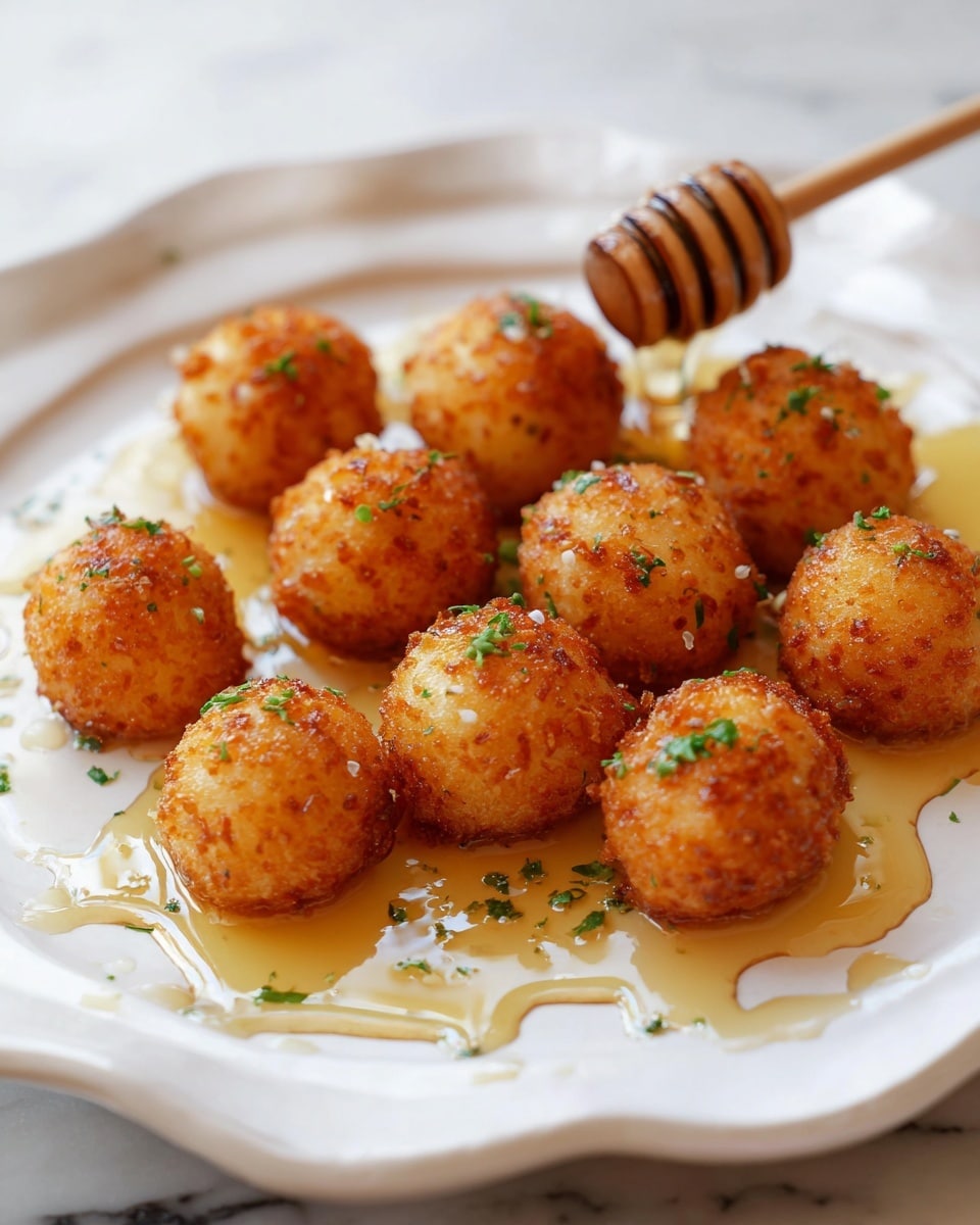 The image shows about fifteen small golden brown crispy balls arranged on a white plate with a wavy edge. Each ball has a rough, crunchy texture and is lightly sprinkled with finely chopped green herbs. A light drizzle of shiny honey or syrup pools around and slightly coats the balls, adding a glossy look. A wooden honey dipper rests on the plate near the center, partly covered with the honey. The background is a white marbled texture, soft and bright, helping the warm colors of the balls and honey stand out. Photo taken with an iphone --ar 4:5 --v 7