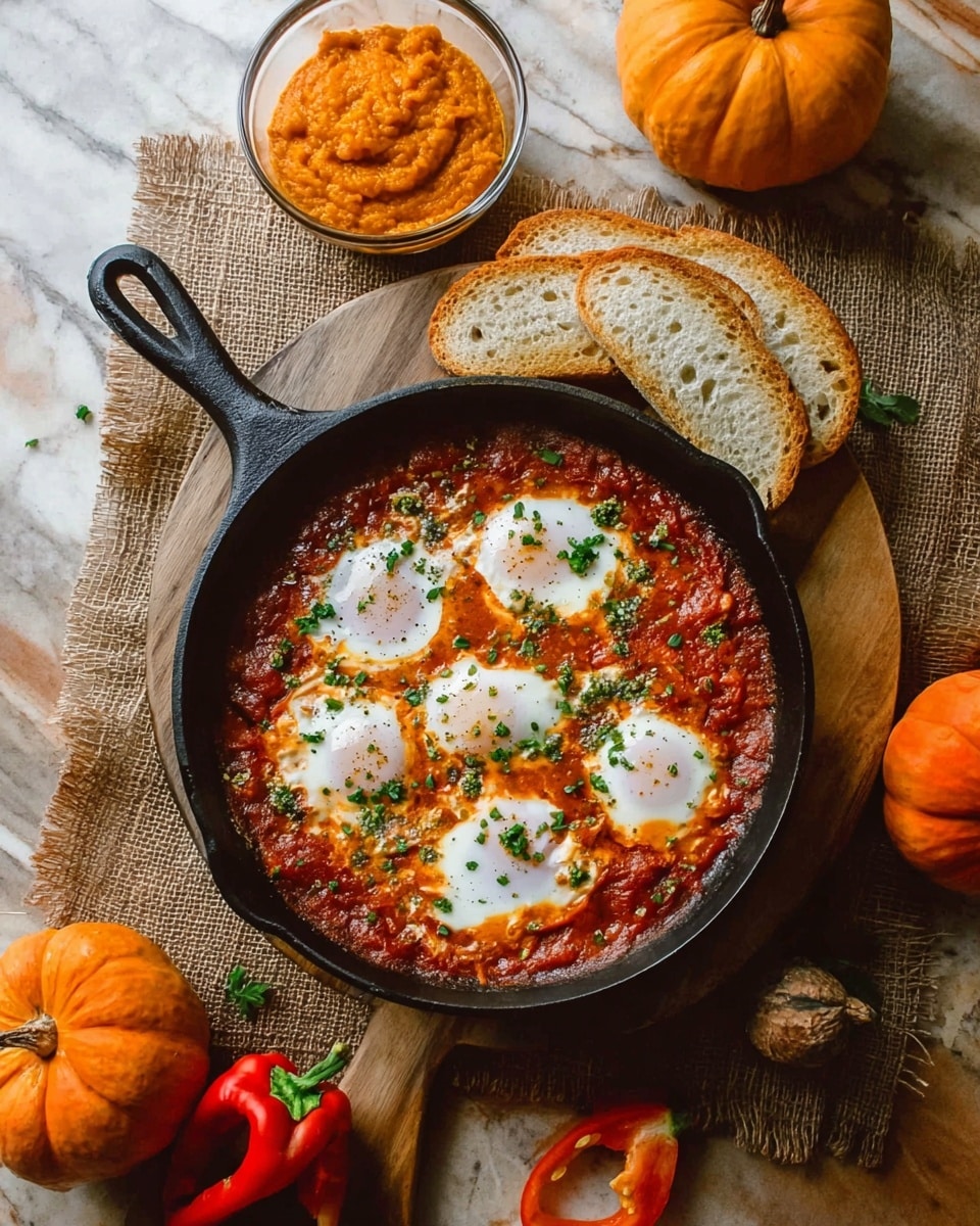 A black cast iron skillet sits on a round wooden board over a white marbled textured surface with burlap underneath, filled with a rich red tomato sauce containing five round, white cooked eggs evenly placed on top, sprinkled with small green herb pieces. Around the skillet are slices of light golden bread, a small clear glass bowl of thick orange puree, two small orange pumpkins, and two red bell peppers, one halved showing its green stem and seeds inside. photo taken with an iphone --ar 4:5 --v 7