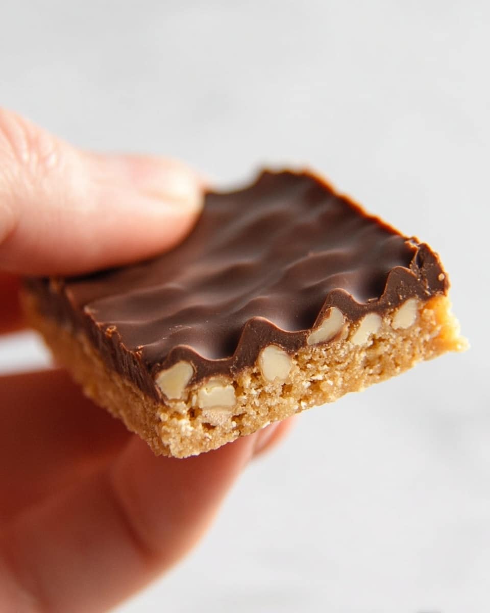 A close-up view of a square snack bar held between a woman's hand and thumb, showing two layers: a bottom layer of light tan, crumbly, and textured cookie base with small chunks, and a top layer of smooth, dark brown chocolate with subtle wavy ridges. The edges reveal the thickness and contrast between the crunchy base and the glossy, firm chocolate top, all set against a clean white marbled texture background. photo taken with an iphone --ar 4:5 --v 7