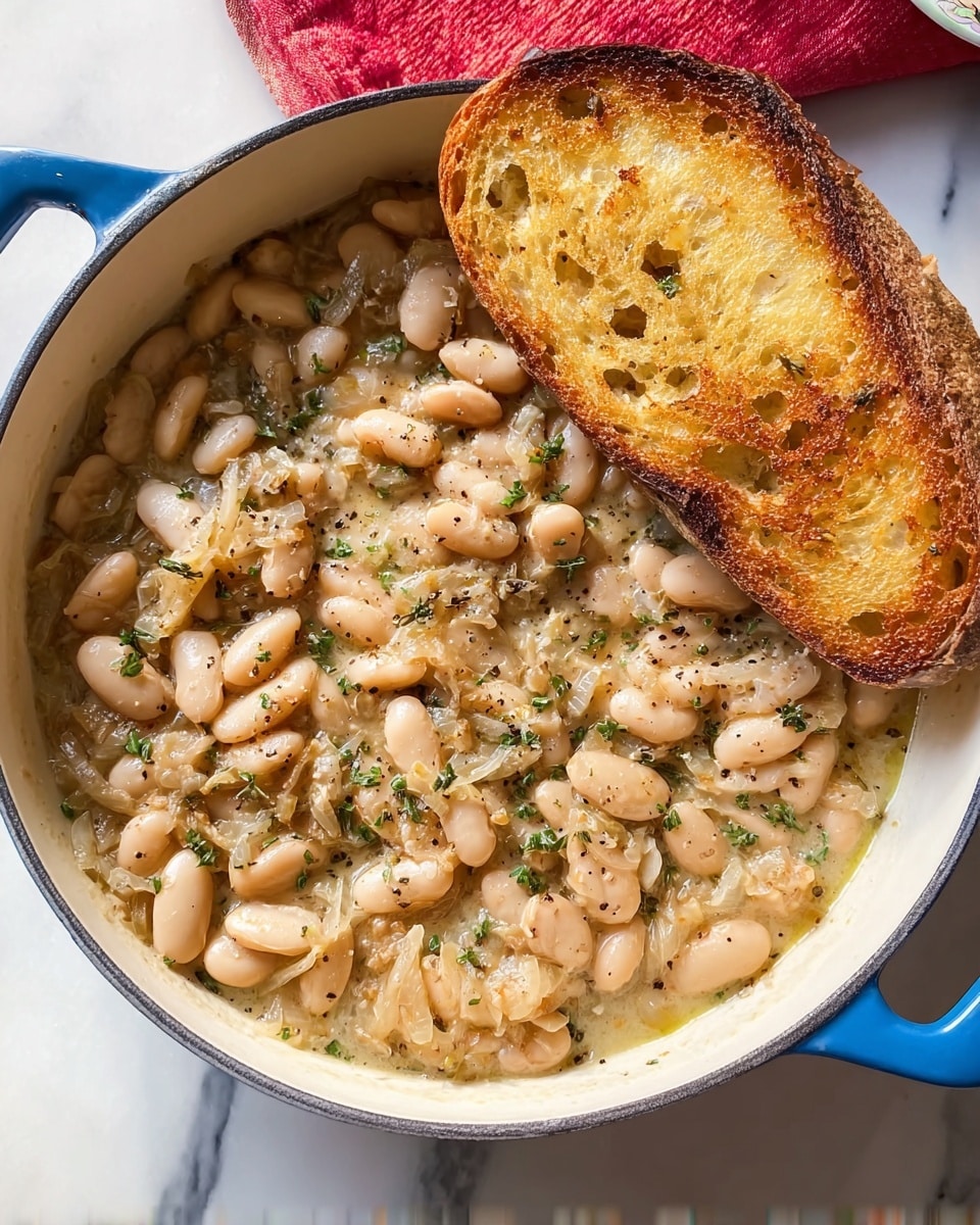 A white pot with blue handles is filled with creamy white beans mixed with thin, light brown caramelized onions and herbs, showing a soft and smooth texture. The beans are pale beige, coated in a light cream sauce with specks of green herbs and black pepper scattered on top. Resting on the edge of the pot is a single piece of toasted bread with a golden-brown, crisp surface and a slight sheen of melted butter. The background is a white marbled surface with a red cloth partially visible. photo taken with an iphone --ar 4:5 --v 7