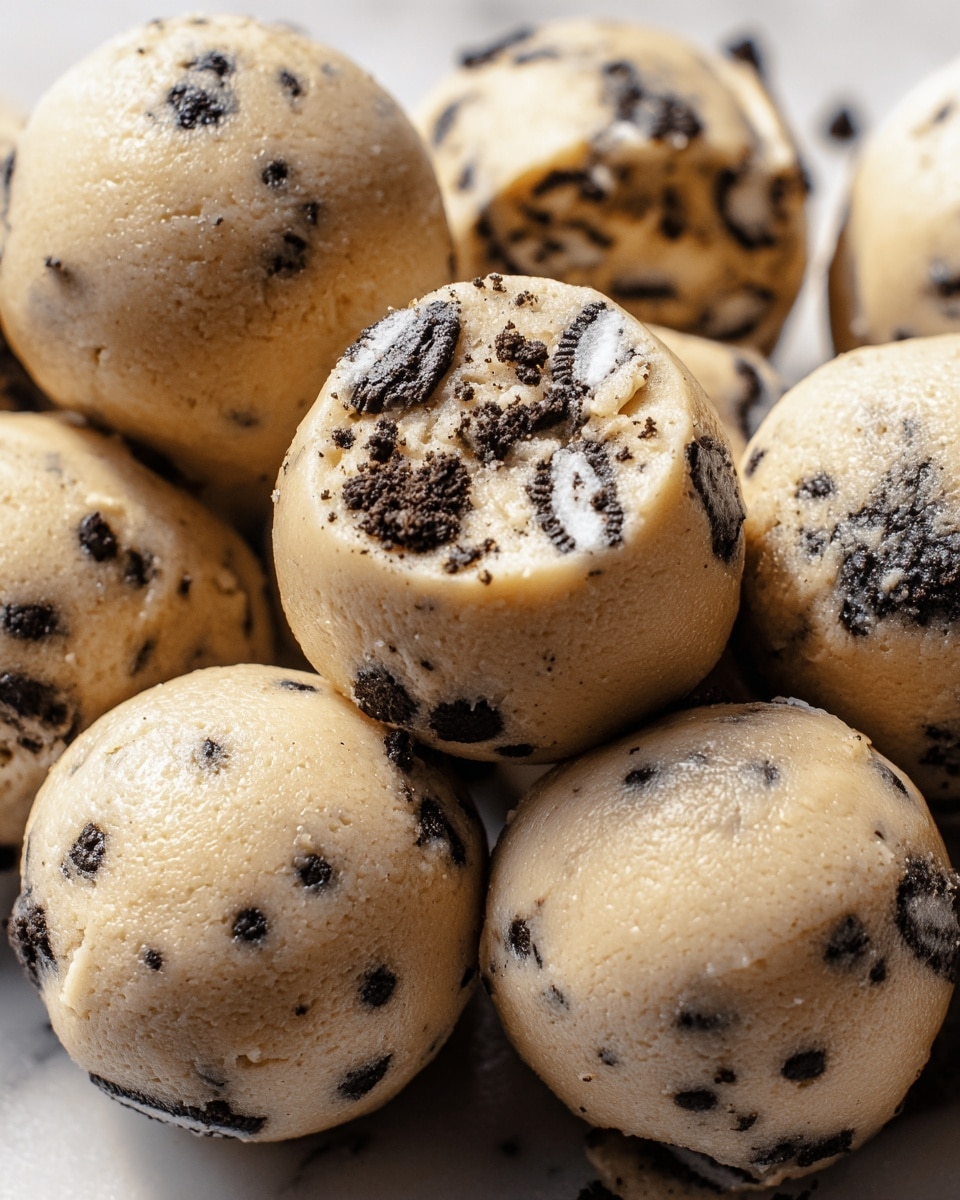The image shows several round, beige cookie dough balls with embedded broken black and white cookie pieces. Each dough ball has a smooth, slightly shiny surface showing scattered bits of cookies, some pressing out on top, giving a textured and dotted look. The dough appears soft and slightly puffy, evenly mixed with cookie crumbs throughout. They are closely packed together on a white marbled surface, filling the frame with no visible plate. photo taken with an iphone --ar 4:5 --v 7