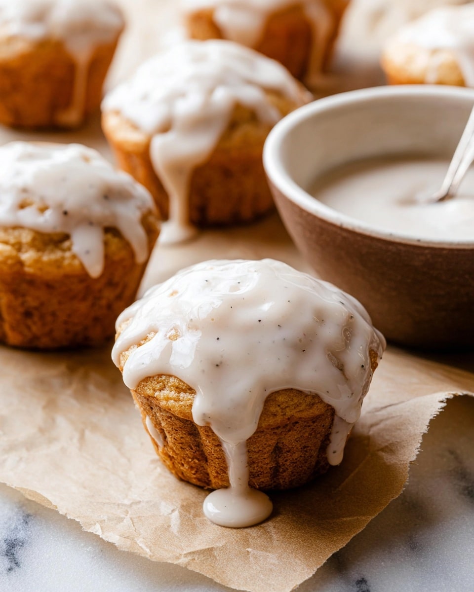 A close-up of small muffins with two layers visible: the bottom layer is a golden brown, soft, and bumpy muffin base, topped with a thick, creamy white glaze that has visible tiny specks of vanilla and is dripping slightly down the sides. The muffins are placed on off-white parchment paper with a piece torn edge, resting on a table with a white marbled texture. To the right, a white bowl contains the same white glaze with a smooth, shiny surface and a spoon inside. The image captures a warm, cozy feel with soft natural light. photo taken with an iphone --ar 4:5 --v 7