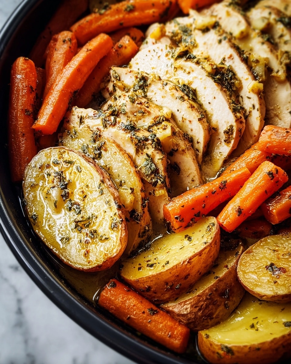 The image shows a close-up of a dish with three main layers. The bottom layer is made up of halved golden potato wedges with a brown skin, seasoned with black pepper and herbs, with a slightly shiny texture from cooking juices. The middle layer consists of whole baby carrots, bright orange and glossy, also seasoned with herbs and black pepper, spread among the potatoes. The top layer is slices of cooked chicken breast, pale light brown with a glossy finish, covered in a mix of herbs and small bits of garlic, arranged closely together on one side. The dish is in a black pan placed on a white marbled surface. photo taken with an iphone --ar 4:5 --v 7