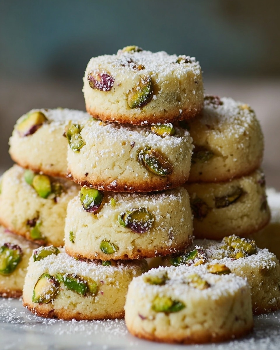 The image shows a pile of small round cookies stacked on a white marbled surface, arranged in two layers with some cookies on top and others below. Each cookie is pale yellow in color with a slightly golden brown bottom edge. Embedded throughout the cookies are pieces of green pistachio nuts, adding texture and color contrast. The surface of the cookies is dusted with a fine layer of white powdered sugar, giving them a soft, snowy look. The focus is close-up, showing the crumbly texture of the cookies and the glossy bits of pistachio. The overall scene has a cozy and inviting feel, with the cookies stacked naturally in a small mound. photo taken with an iphone --ar 4:5 --v 7