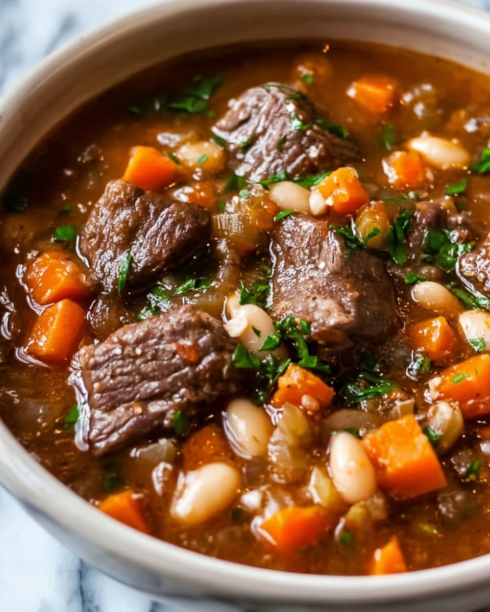 A close-up image of a thick beef stew in a white bowl, filled with large, tender brown beef chunks that have visible texture and slight gloss. The stew has a rich brown broth, with diced orange carrots, small round white beans, and bits of green herbs sprinkled on top. The carrots and beans float evenly throughout the broth along with translucent pieces of onion and celery, giving the stew a hearty, chunky look. The bowl is placed on a white marbled surface. Photo taken with an iphone --ar 4:5 --v 7