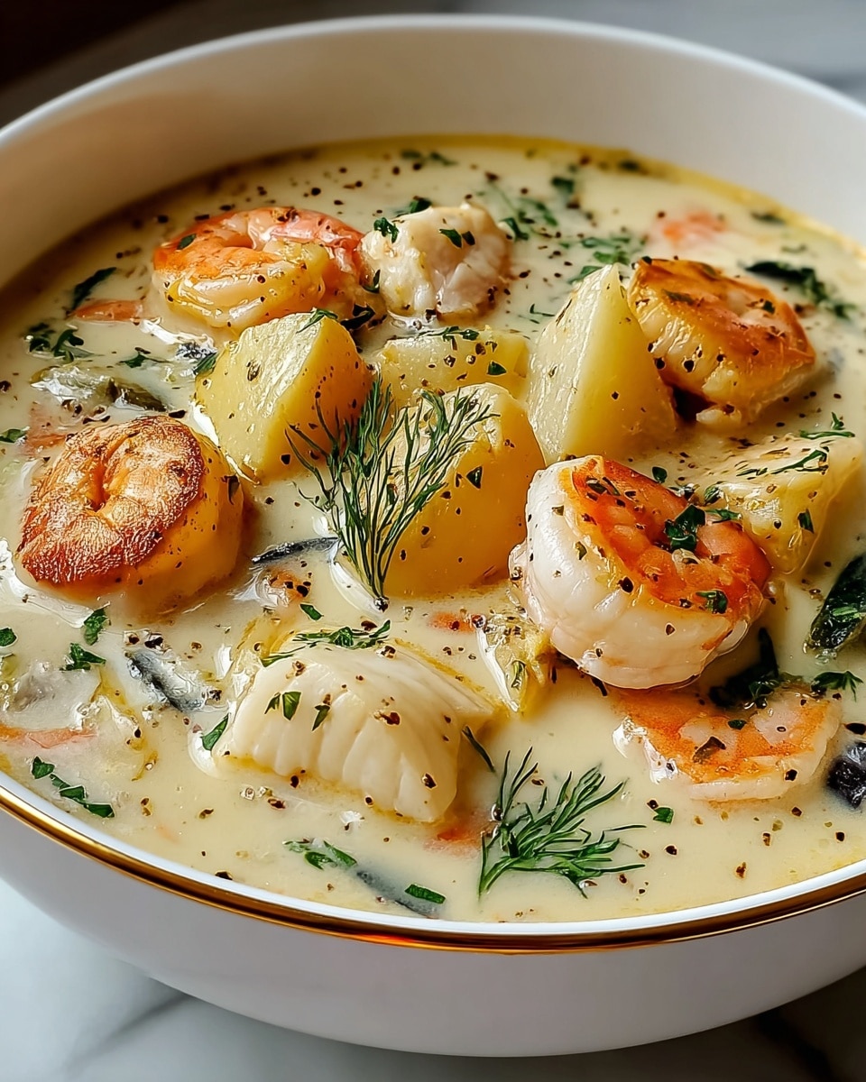 A white bowl filled with a creamy soup containing large chunks of white fish and golden-brown seared scallops, along with several pink-orange cooked shrimp scattered evenly throughout. The soup base is light beige with specks of black pepper and green herbs sprinkled on top. The seafood pieces float in the smooth broth, with some herbs resting on the surface. The bowl sits on a white marbled surface, and the edge of the bowl has a thin gold line. photo taken with an iphone --ar 4:5 --v 7