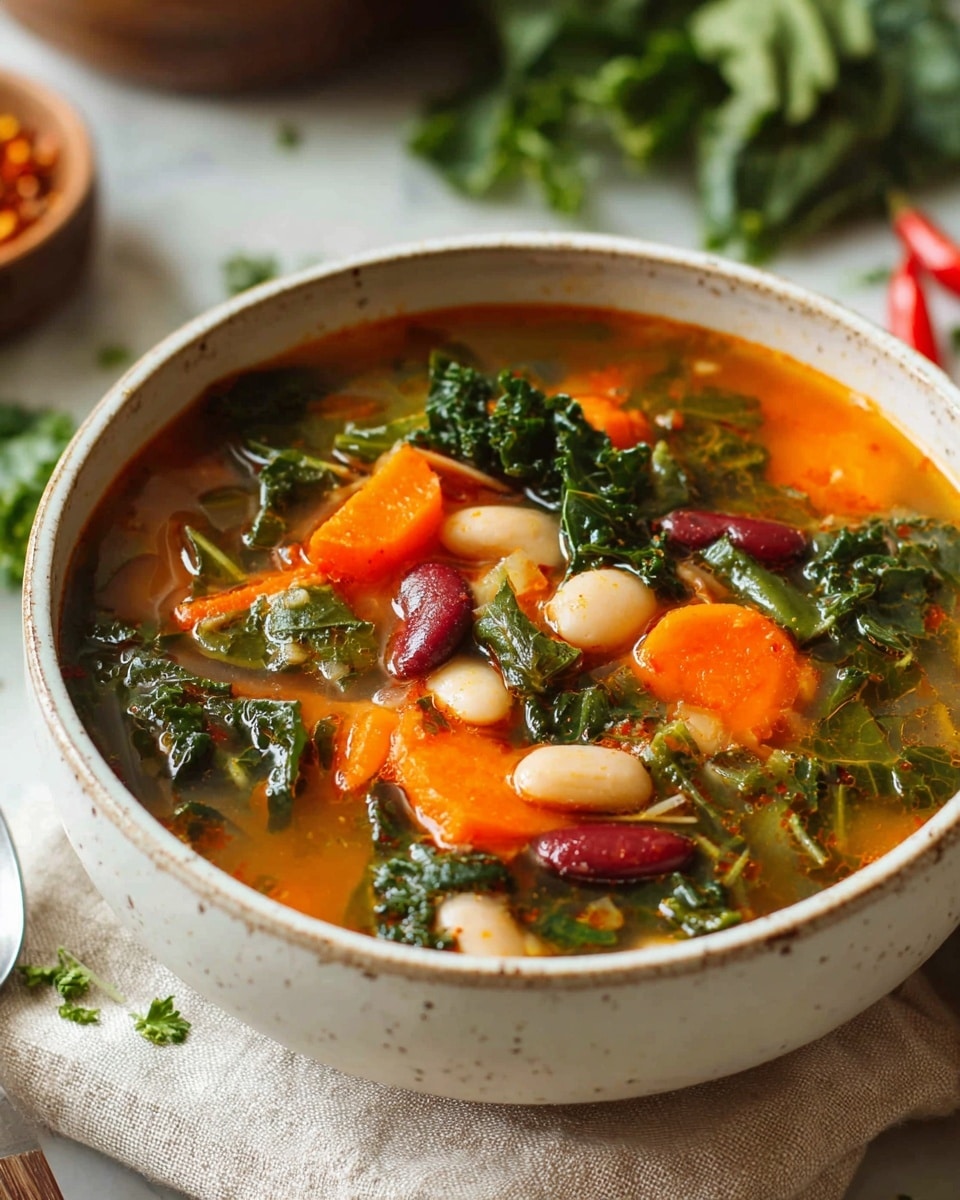 The image shows a white bowl filled with a colorful vegetable soup resting on a light beige cloth on a white marbled textured surface. The soup has several visible layers: a clear orange broth base, floating chunks of bright orange carrots, white beans, and dark green leafy kale scattered on top. Small red kidney beans add contrast throughout the soup. The bowl’s rim is slightly speckled, and the background includes blurred elements like a spoon, chili pepper, and leafy herbs, adding to the fresh and wholesome feel of the scene. photo taken with an iphone --ar 4:5 --v 7