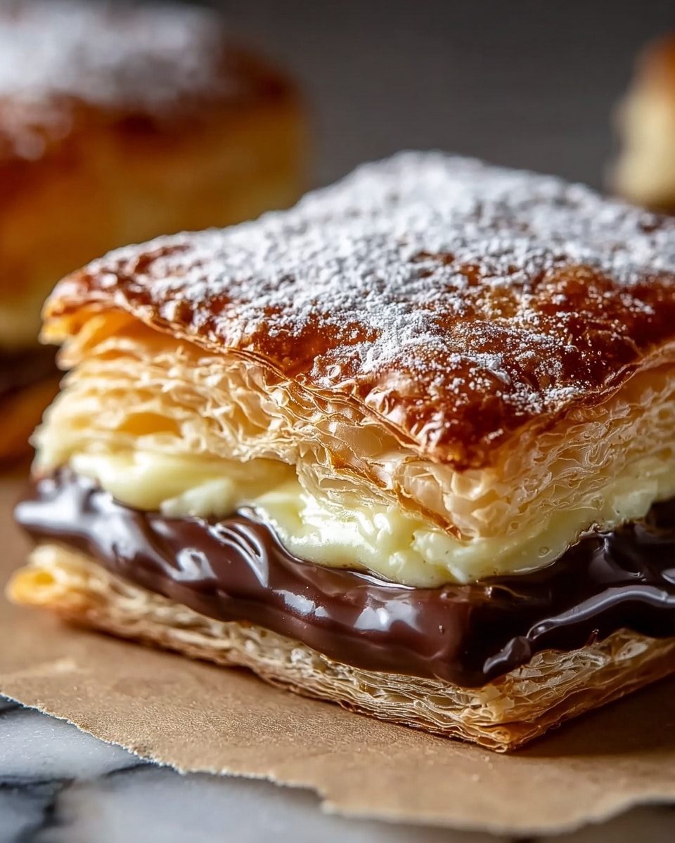 A close-up view of a square layered pastry showing three main layers: the top layer is a golden-brown, shiny puff pastry with a slightly crisp and flaky texture on the edges, light dusting of white powdered sugar; the middle layer is a creamy pale yellow custard, smooth and thick; the bottom layer is a glossy dark chocolate, rich and shiny, sandwiched between the bottom puff pastry layer which is also golden-brown and flaky. The pastry rests on a piece of parchment paper over a white marbled texture. photo taken with an iphone --ar 4:5 --v 7
